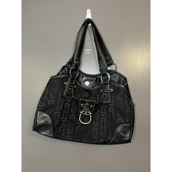 Etienne Aigner Shoulder Bag Womens Black Logo Jacquard Handbag Purse D-Ring - Picture 1 of 13